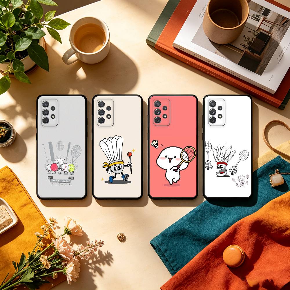 Badminton Logo - S-Sport B-バドミントンイラスト付きスマホケース、Samsung Galaxy A73、A72、A71、A70、A53、A52、A51用、ソフトシリコン製ブラックカバー