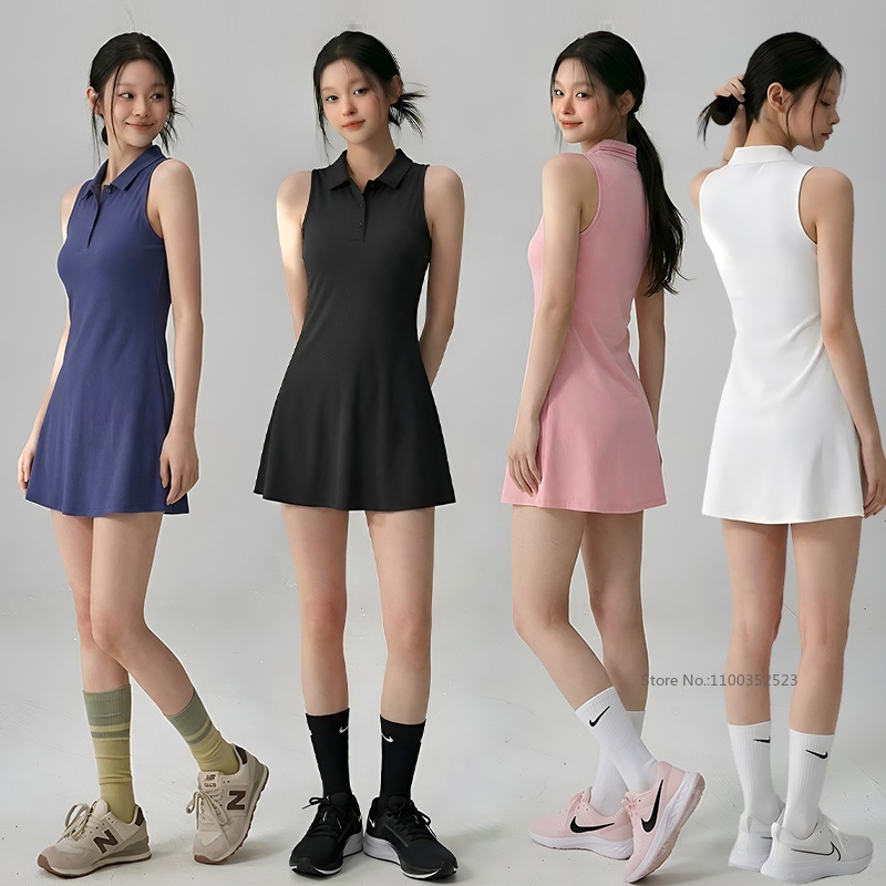 Badminton Outfit - 女性テニスゴルフドレスノースリーブポロドレスショートパンツとブラジャー付きレディースサマーテニススポーツ衣装バドミントンアクティブスカート
